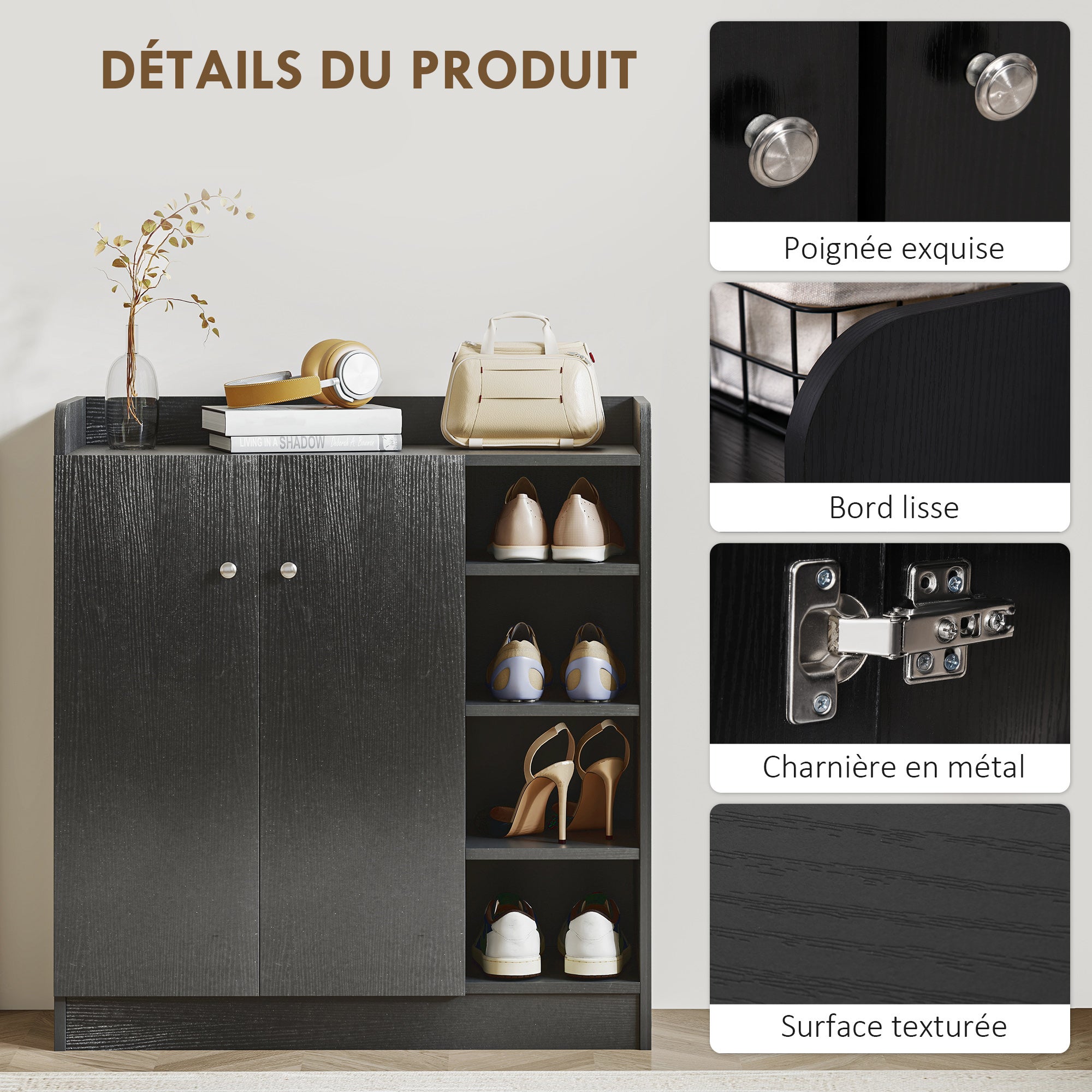 Meuble à chaussures pour Entrée en Bois Noir Design 12 paires maximum - 6