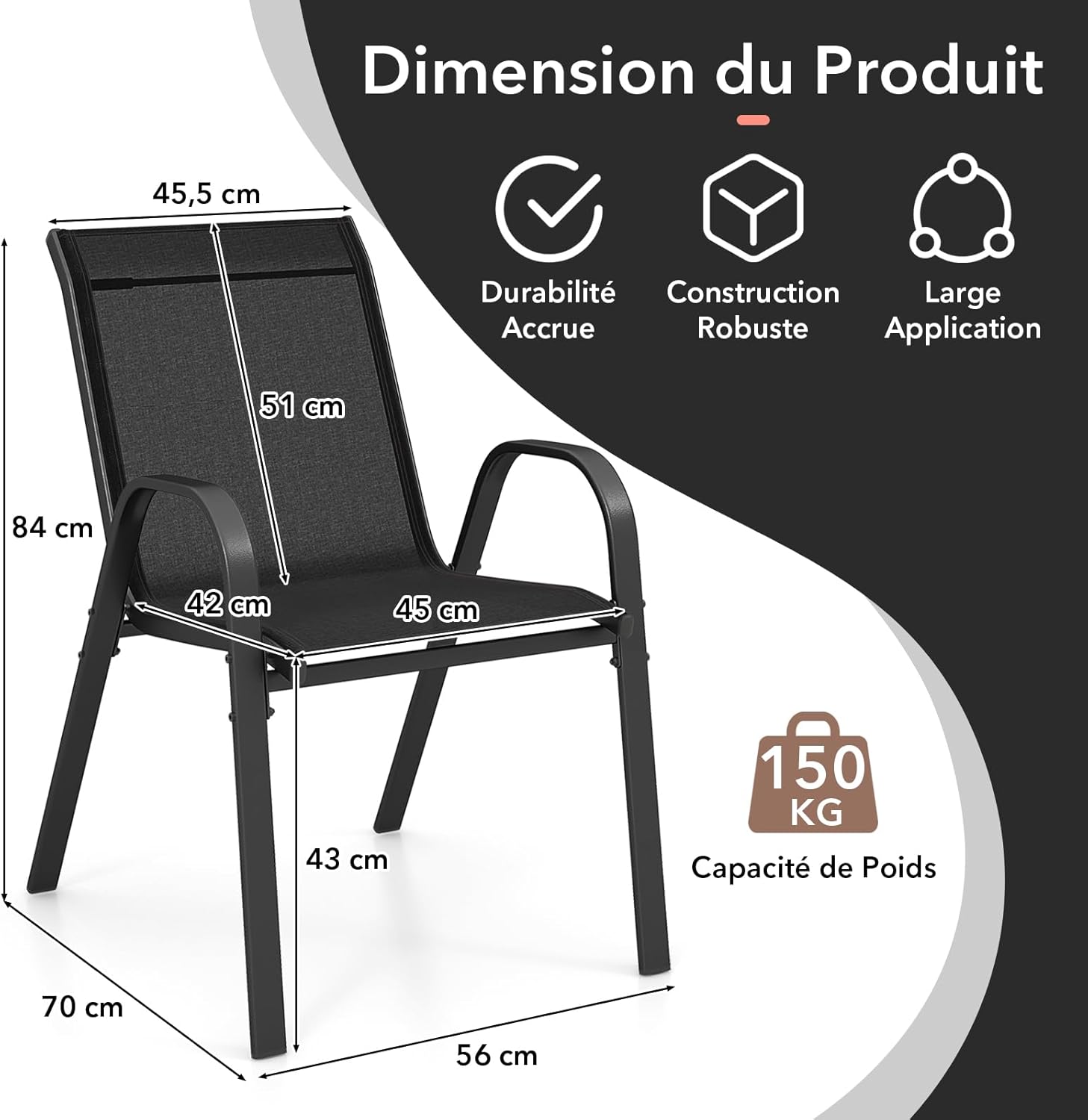 Lot de 4 Chaises de Jardin Extérieur Métal et Textilène, Fauteuil de Jardin Empilable avec Accoudoirs et Dossier, 56x70x84cm, Charge 150kg, Noir - 3