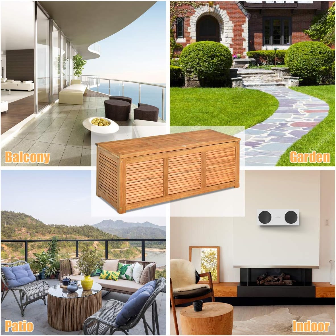 Coffre de jardin en Bois d’Acacia Certifié FSC-120X45X45 CM- Boîte de Rangement Respirante avec Poignée en Boucle Pratique-Naturel - 3