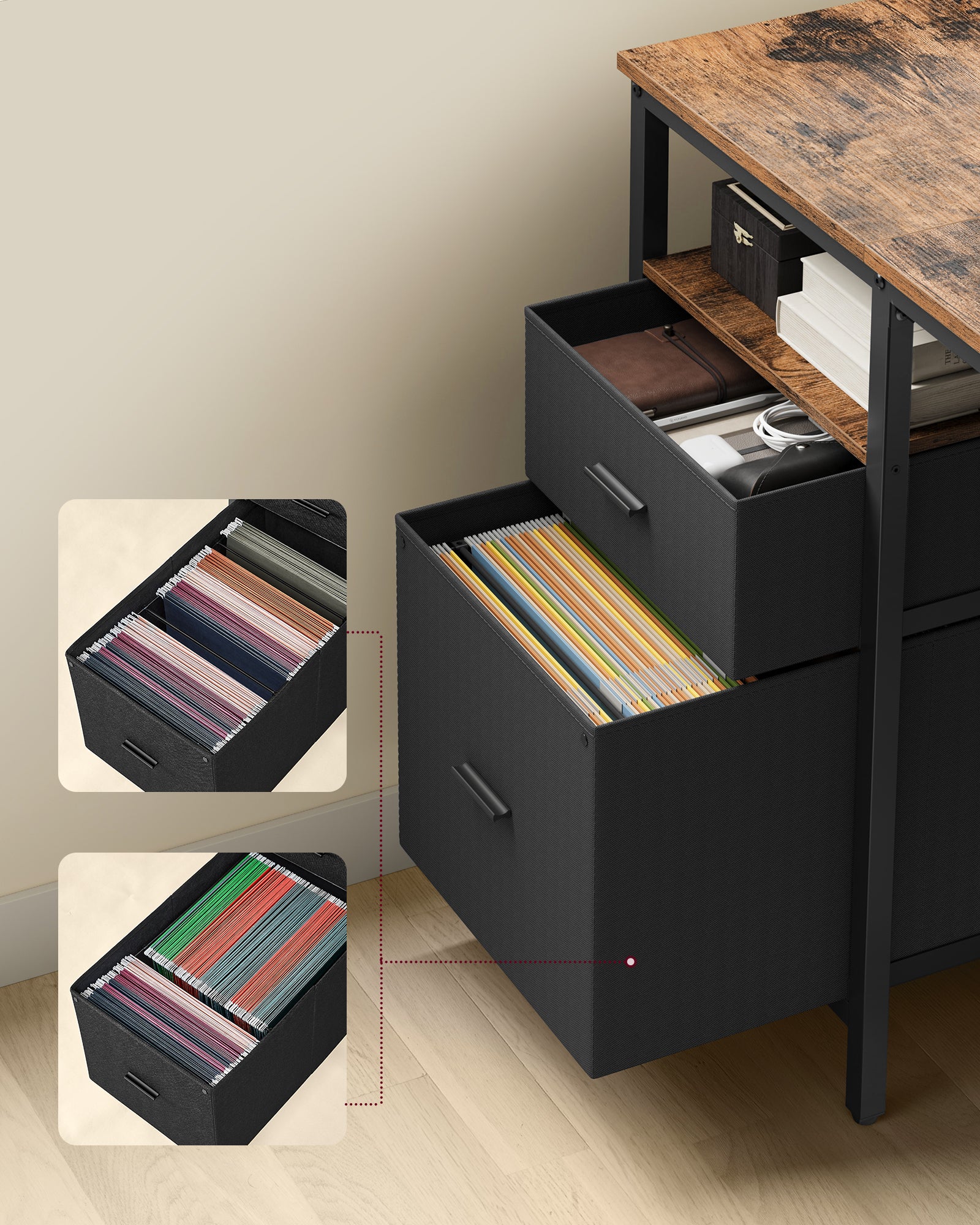 Bureau d’Ordinateur, Table avec Rangement, 3 Étagères, 2 Tiroirs, 60 x 140 x 76 cm, pour Bureau, Salon, Style Industriel, Marron Rustique et Noir - 4