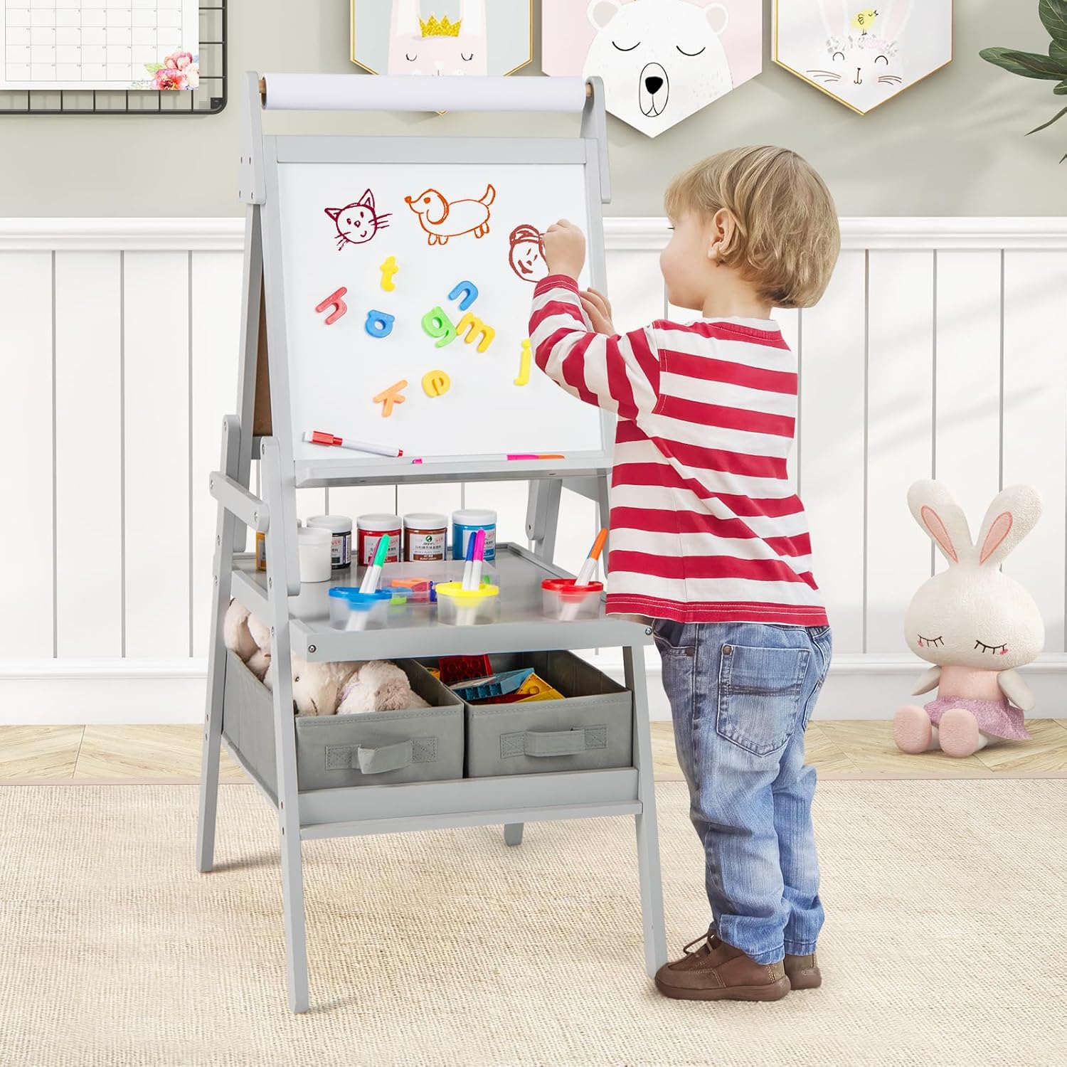 Tableau Enfant Double Face 3 en 1, Chevalet Enfant avec Tableau Blanc Noir et Rouleau de Papier, Chevalet Peinture en Bois, pour 3 à 6 Ans (Gris) - 2