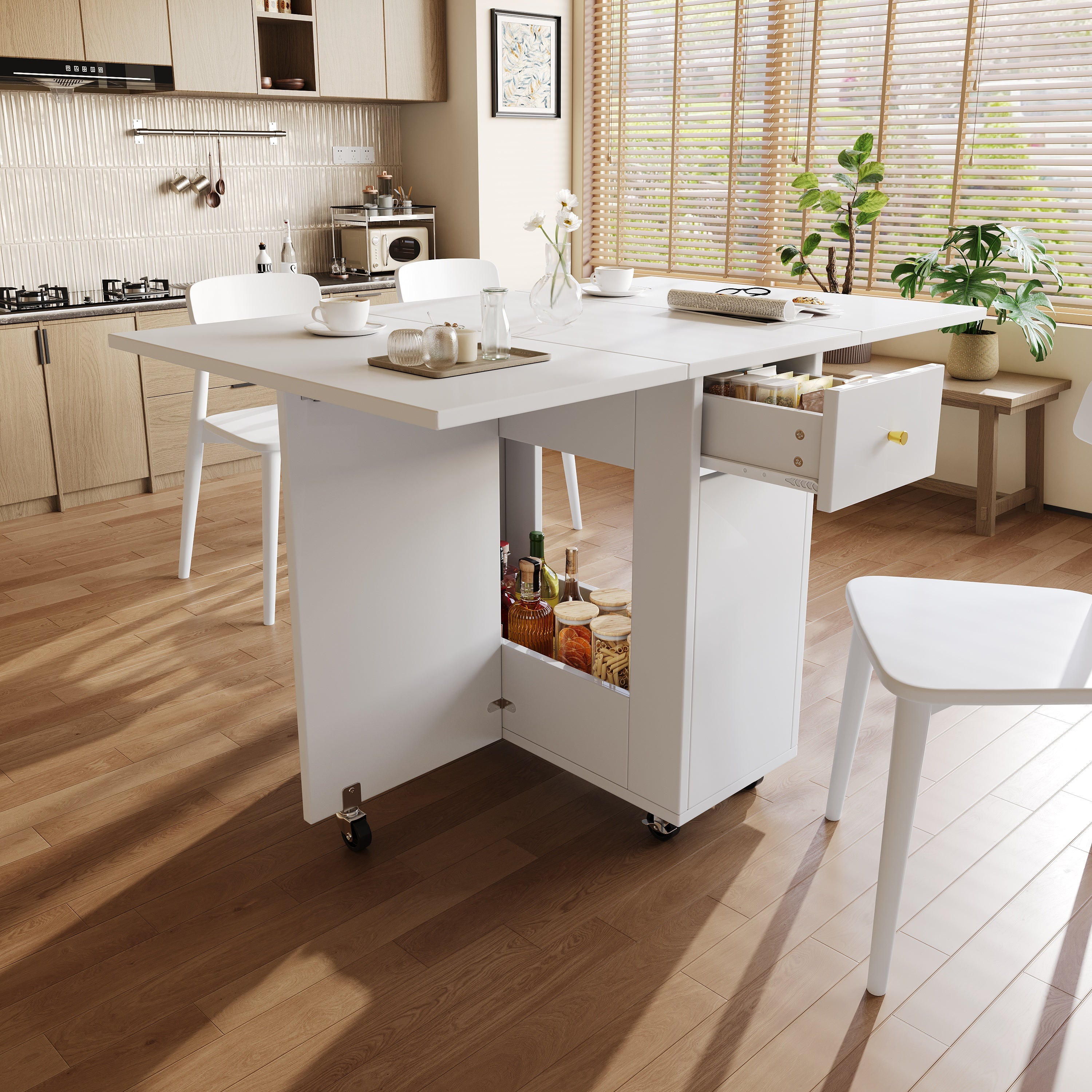 Składany stół jadalny na 2-4 osoby z 2 szufladami - 120 x 75 x 75 cm - MDF - Biały