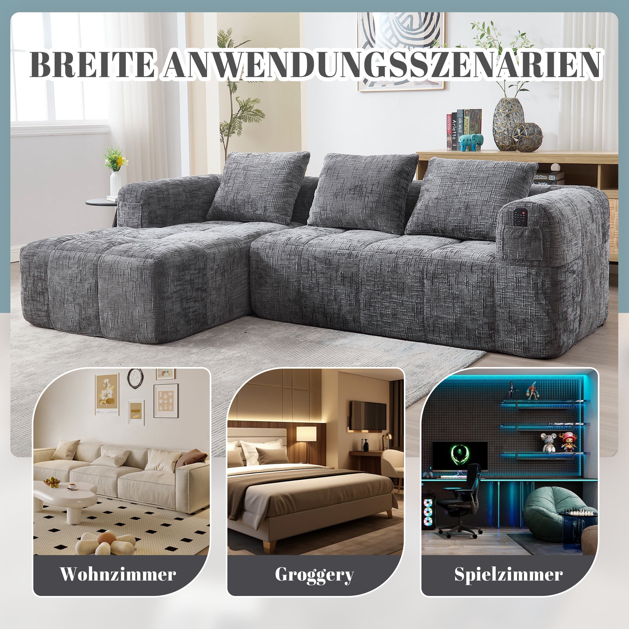 Canapé d'angle 3 places avec avec méridienne, accoudoirs et 3 oreillers - 250 x 158 x 60 cm - Tissu en chenille - Coloris gris - 8