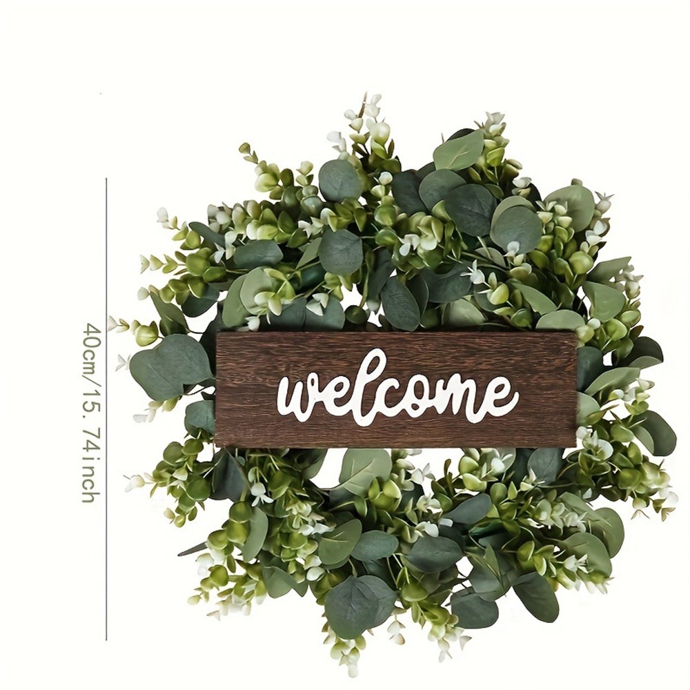 Couronne d'eucalyptus de bienvenue, couronne de fleurs artificielles en feuilles d'eucalyptus, porte d'entrée, fenêtre, décoration de jardin - 8