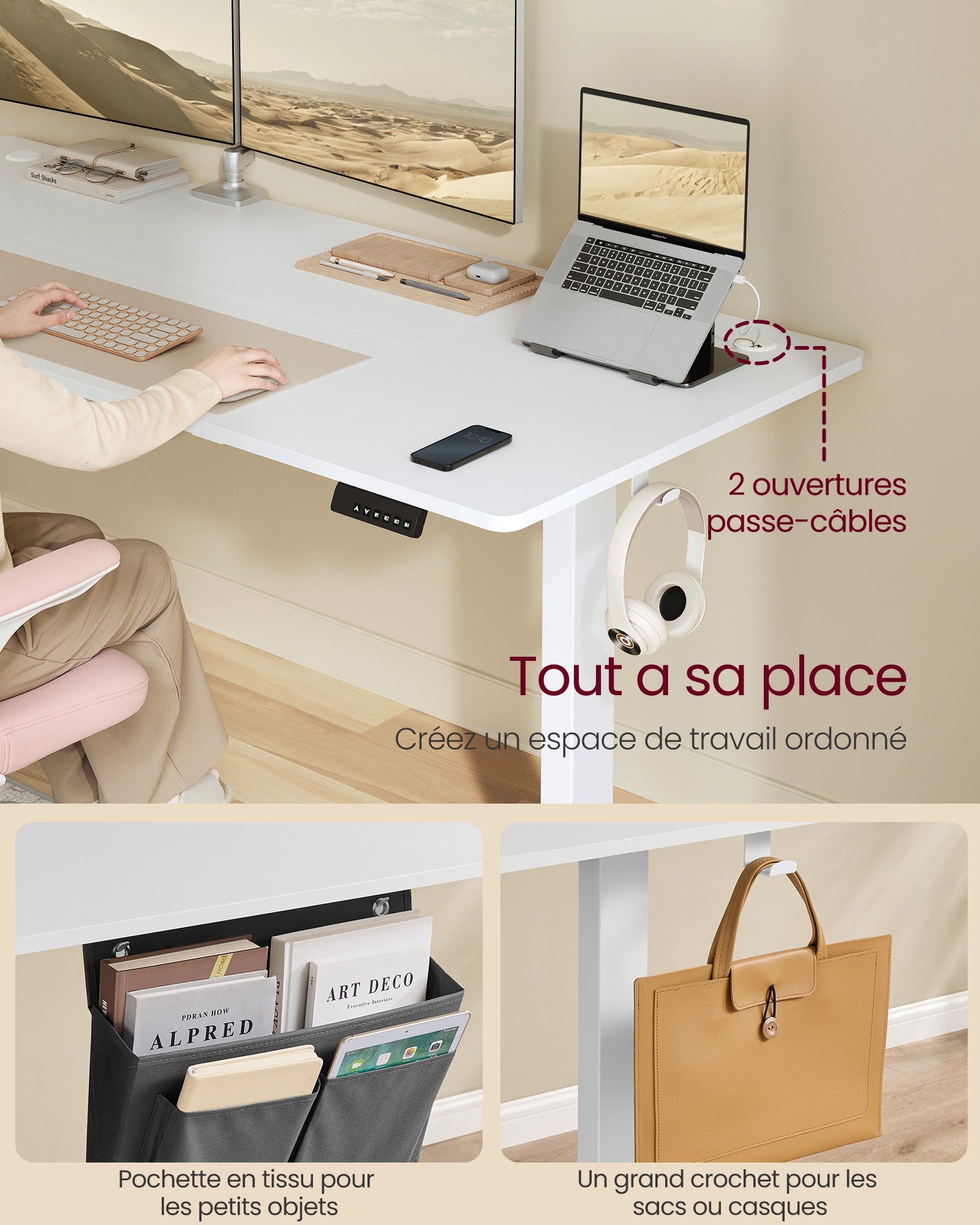 Bureau Électrique Réglable en Hauteur, 180 x 80 cm, Table Assis-debout, Fonction Mémoire 4 Hauteurs, pour Bureau, Télétravail, Blanc Nuage - 6