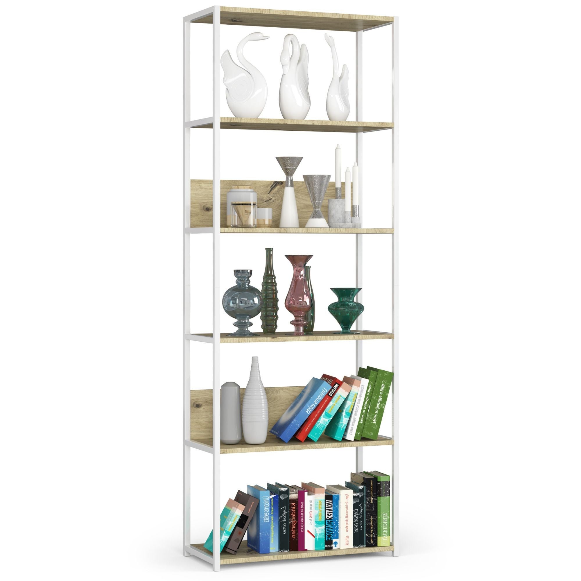 Regał loft AKORD metalowy Biały 70 cm kolor Dąb Artisan mat 6 półek 70x32x192 cm