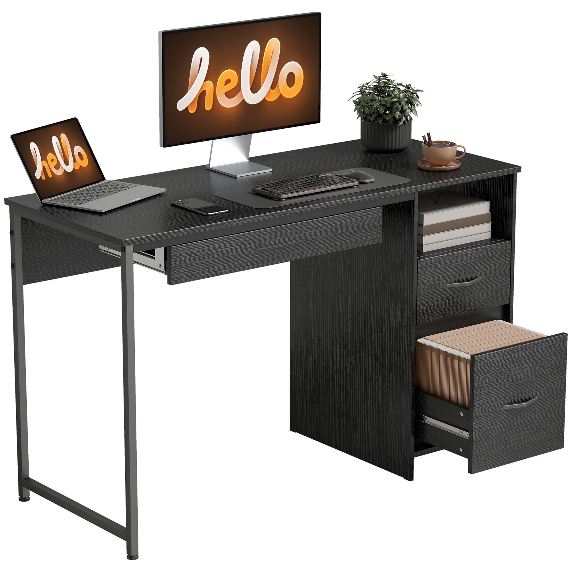 Scrivania Computer 120 Cm Con Ripiano Laterale, Hub Alimentazione E Luci RGB – Nero