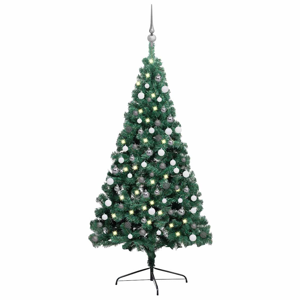 Choinka z lampkami i bombkami, połówka, zielona, 120 cm vidaXL