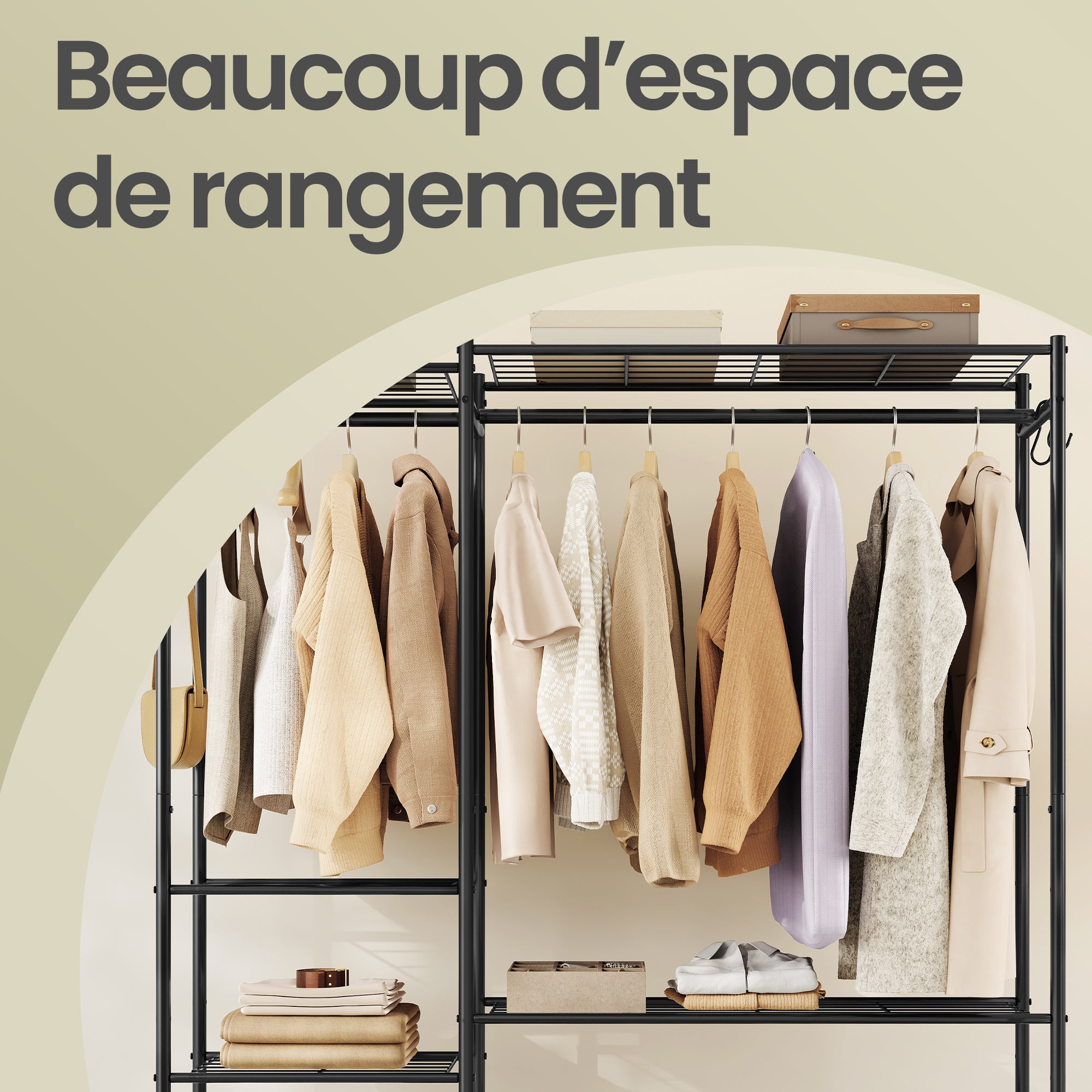 Portemanteau Métallique Ouvert, Armoire avec 3 Tringles et 10 Étagères, pour Chambre, Entrée, Noir - 7
