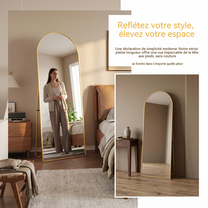KEFSR Miroir sur Pied Arqué 162 x 53cm,Miroir Mural avec Support,Cadre en Alliage d’Aluminium,Verre Trempé,Grand Miroir pour Chambre,Salon(Doré) - 3