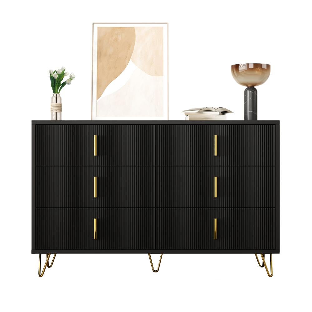 Nowoczesna komoda drewniana z 6 szufladami, elegancki minimalizm, złote uchwyty i nogi, duża pojemność do salonu, jadalni lub sypialni