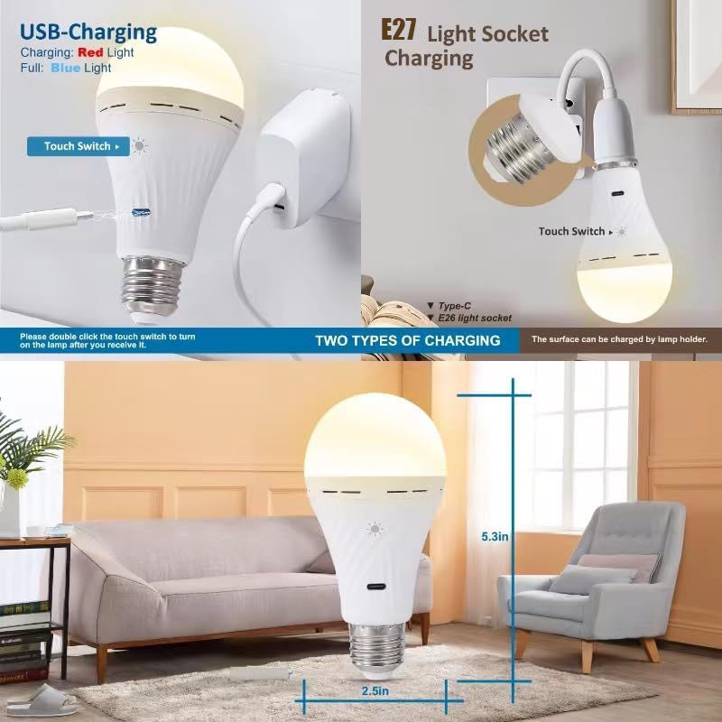 Ampoule à recharge sans fil avec télécommande, ampoule magique E27, 300 lumens,3 couleurs,intensité variable, aucun câblage requis, 2200 mAh,minuterie - 4