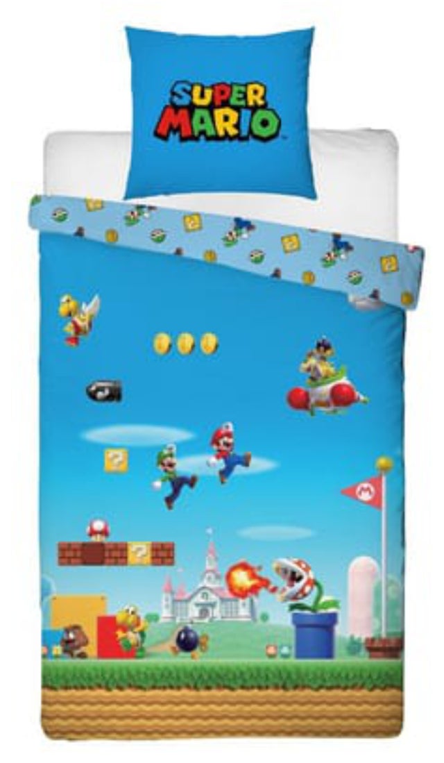 Super Mario Bros - Parure de Lit Enfant Réversible Gamer - Housse de Couette 140x200 Taie d'Oreiller 63x63 cm