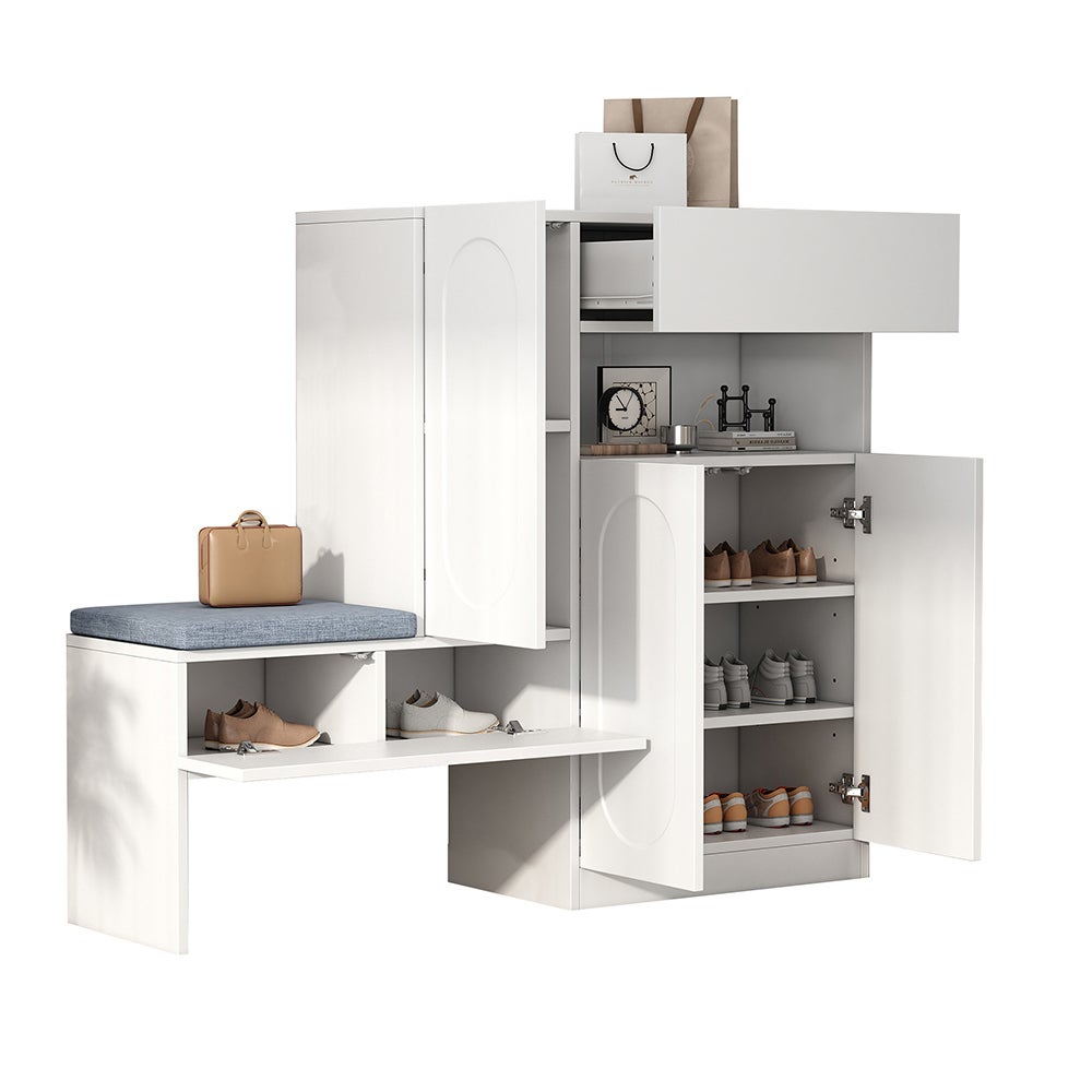 Armoire à chaussures 2-en-1 blanche, portes Soft Close, banc rembourré, 130x35x110cm - 4
