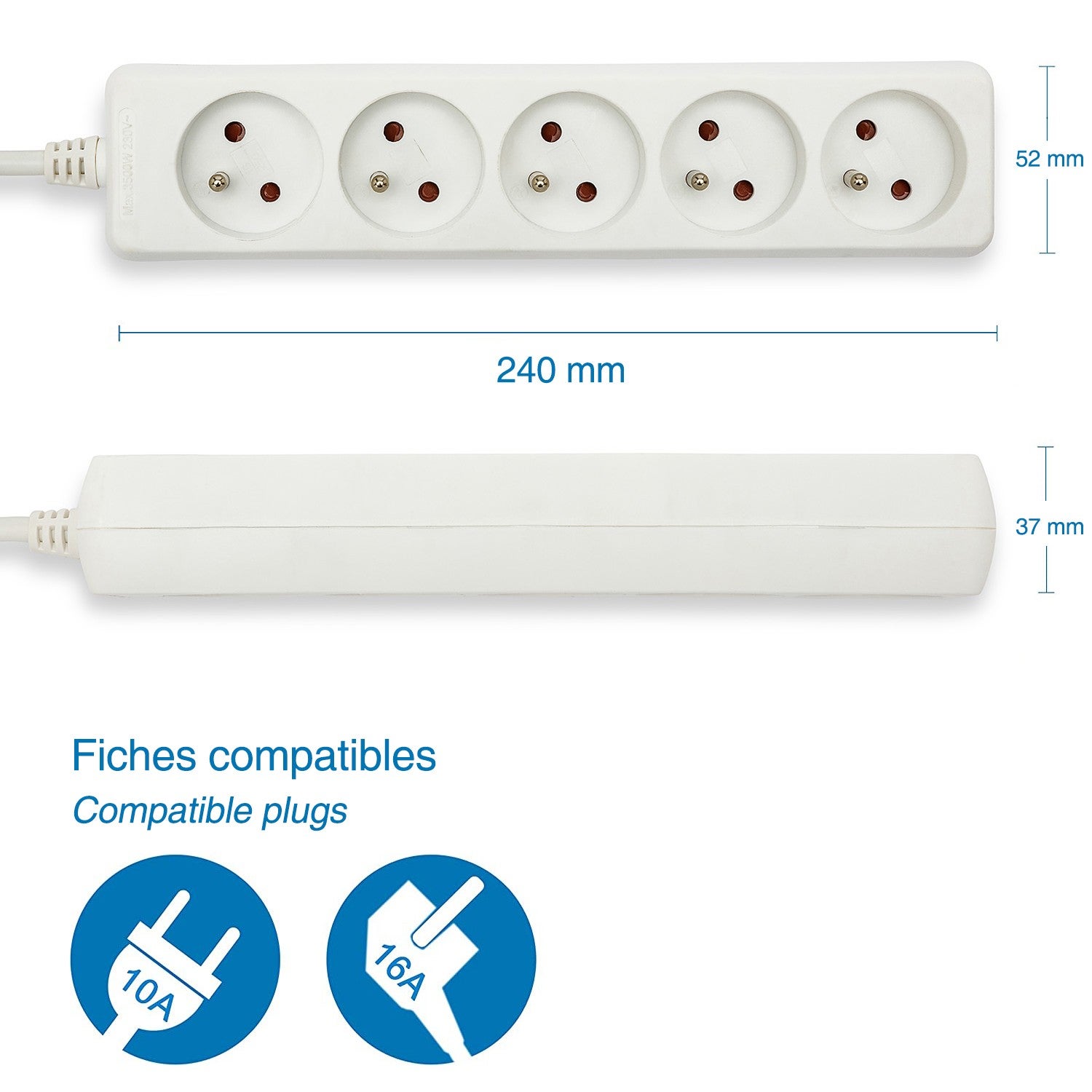 Bloc multiprise 5x16A, 1m H05VV-F3G1.0MM2, CE & NF - 5