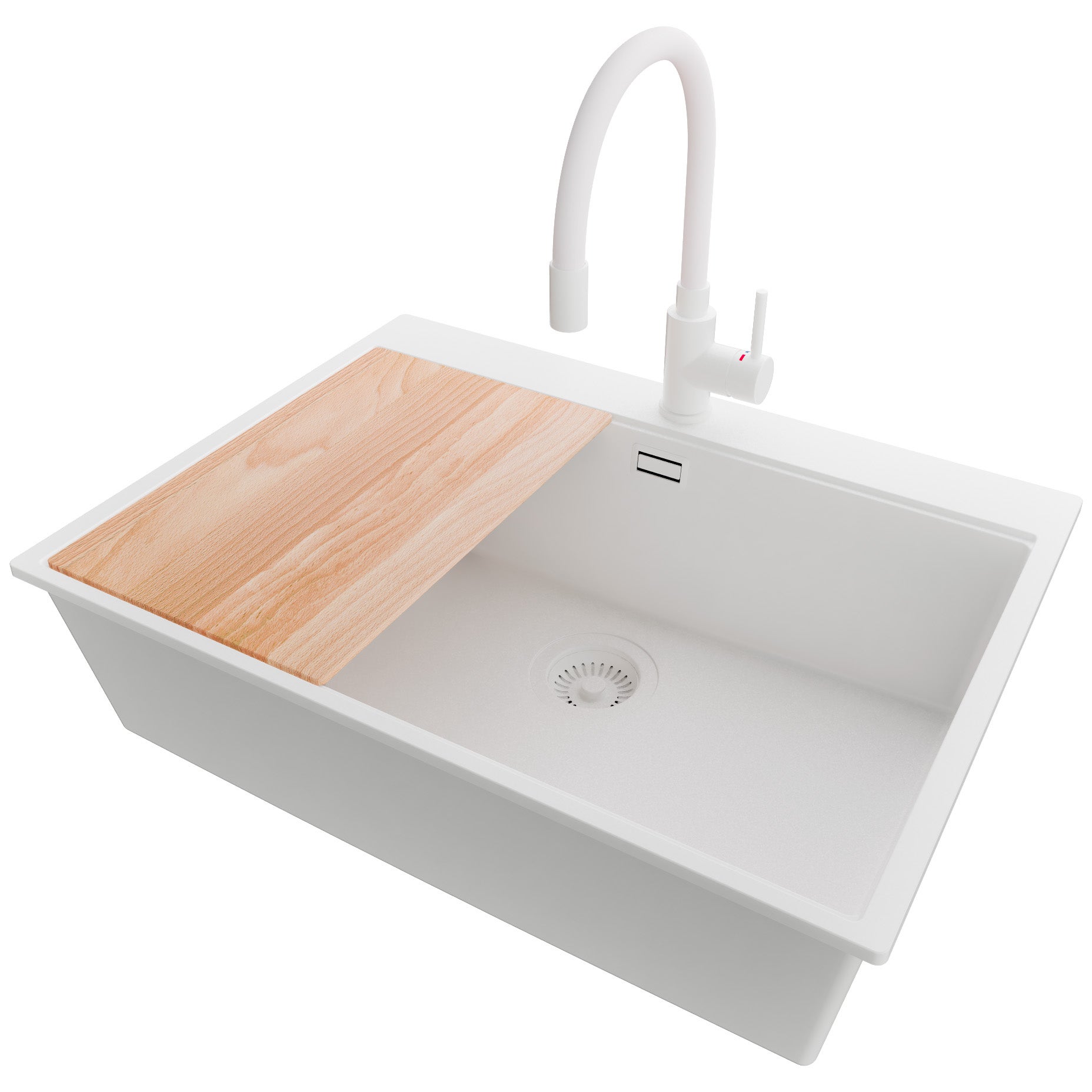 Zlewozmywak Granitowy Cały Biały 68x50cm, Zlew Kuchenny 1 Komorowy + Bateria 38x14cm + Syfon + Deska, Nablatowy do szafki od 70cm - Oslo PRIMAGRAN