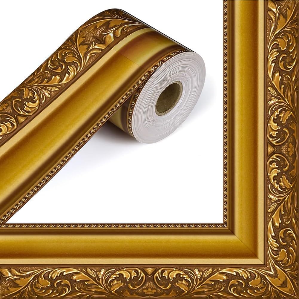 Samoprzylepna tapeta sufitowa 3D z obramowaniem w stylu retro w kolorze złotym do dekoracji łazienki i salonu, trwały materiał