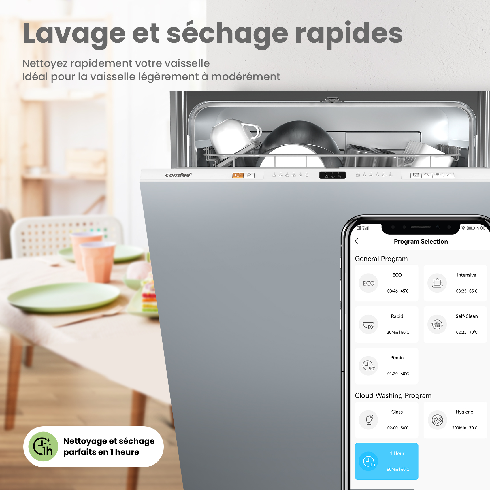 Lave-Vaisselle Encastrable 12 Couverts COMFEE - Programme Nuage, Séchage Intensif, Départ Différé, Lavage Rapide 47 dB Chrome Sans Façades - 8