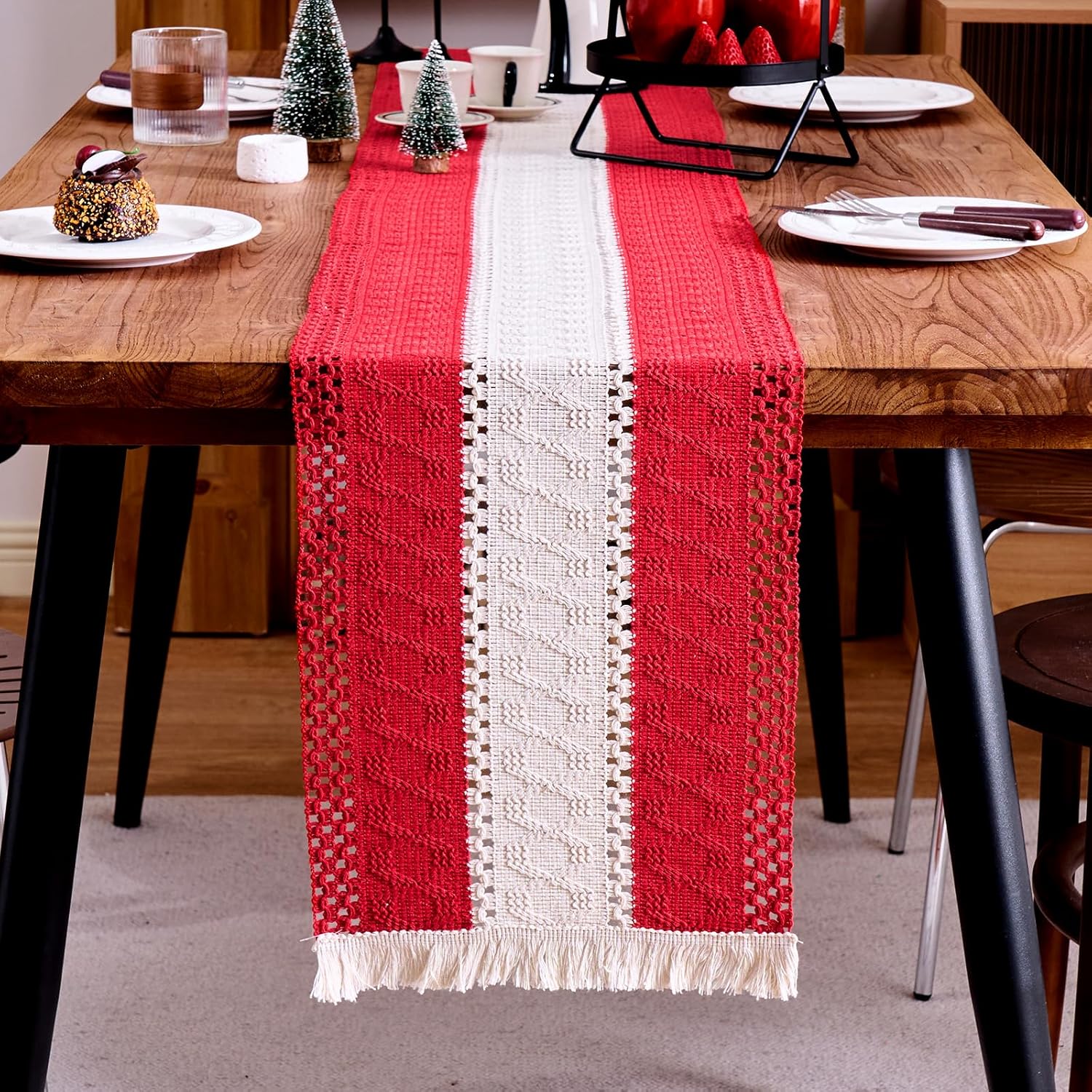 Czerwony lniany bieżnik świąteczny, bieżnik wysokiej jakości, bieżniki, długi obrus świąteczny na stół (180x30 cm)