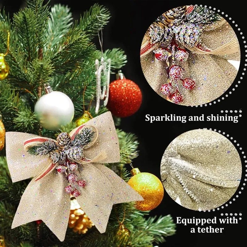 Lot de 5 nœuds de Noël, nœud pailleté avec pommes de pin, nœud en ruban ...