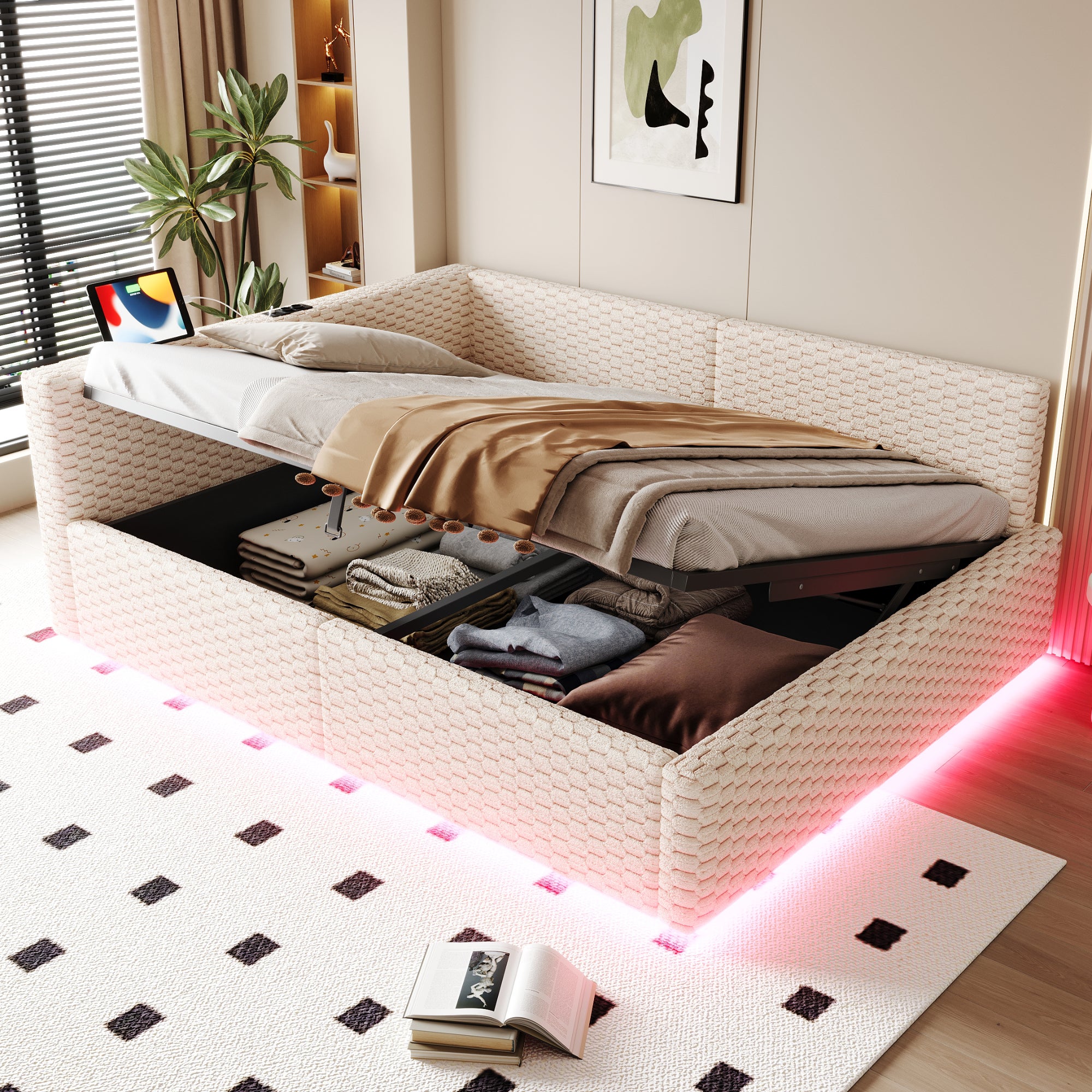 Łóżko z pojemnikiem 140 x 200 cm z oświetleniem LED i portami USB/USB-C - Aksamit, płyta MDF i sklejka - Beżowe (materac nie jest dołączony)