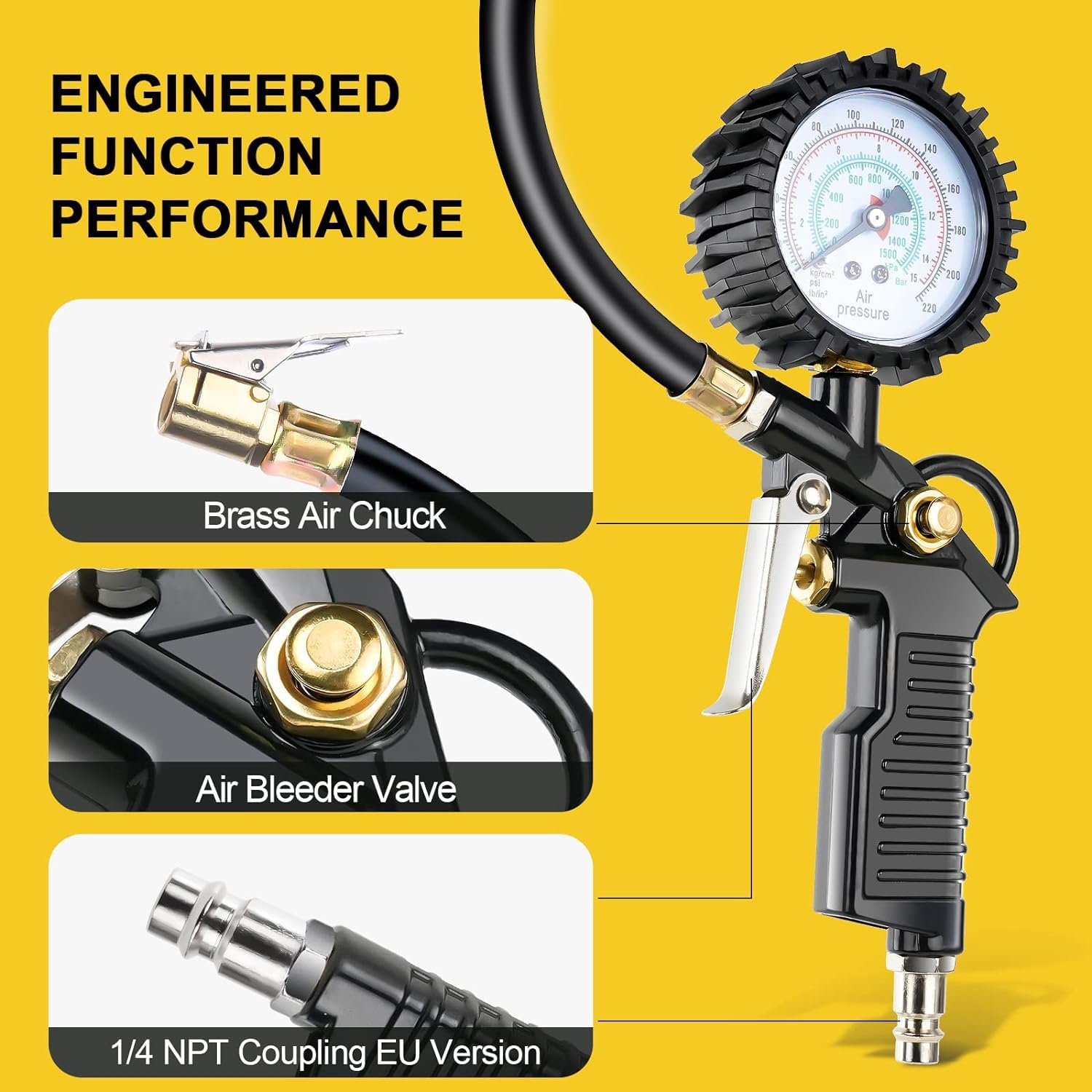 Numérique Manomètre Pression Pneu 220 PSI Haute Précis Multifonctionnel Jauge des Pneus Numérique avec 24 Accessoires,pour Voiture Moto Vélo - 4