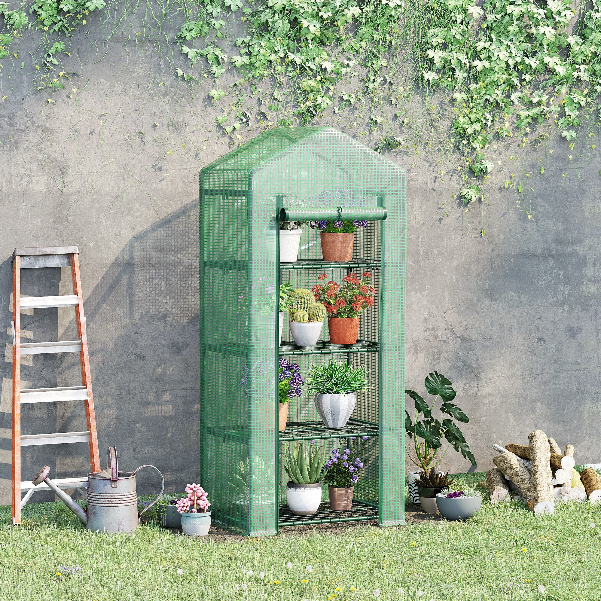 Serre de jardin PE avec étagères 4 niveaux, serre de balcon, bâche renforcée 140 /m², châssis en acier,pour légumes plantes,70x50x160cm, vert - 3