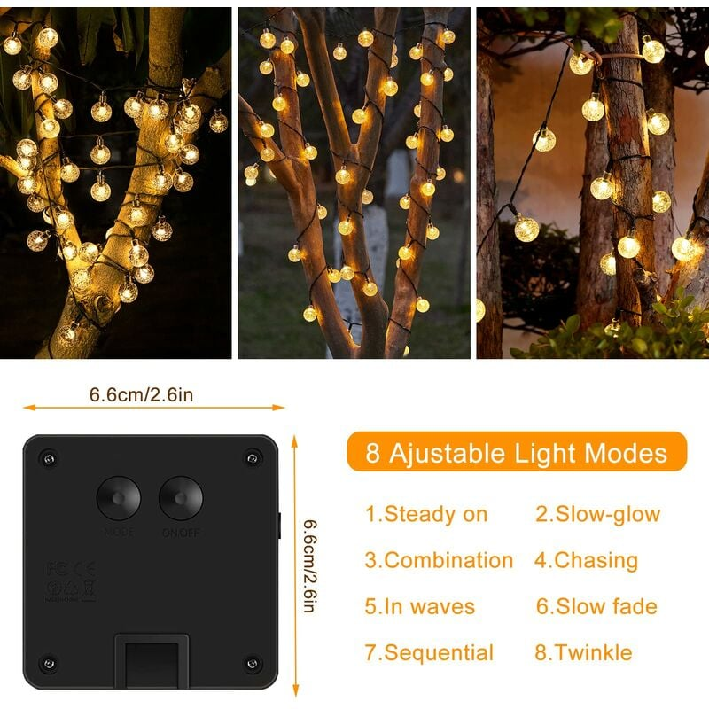 Luzes solares de corda - 30 luzes LED de cristal solar para ambientes externos e internos, 8 modos - 4