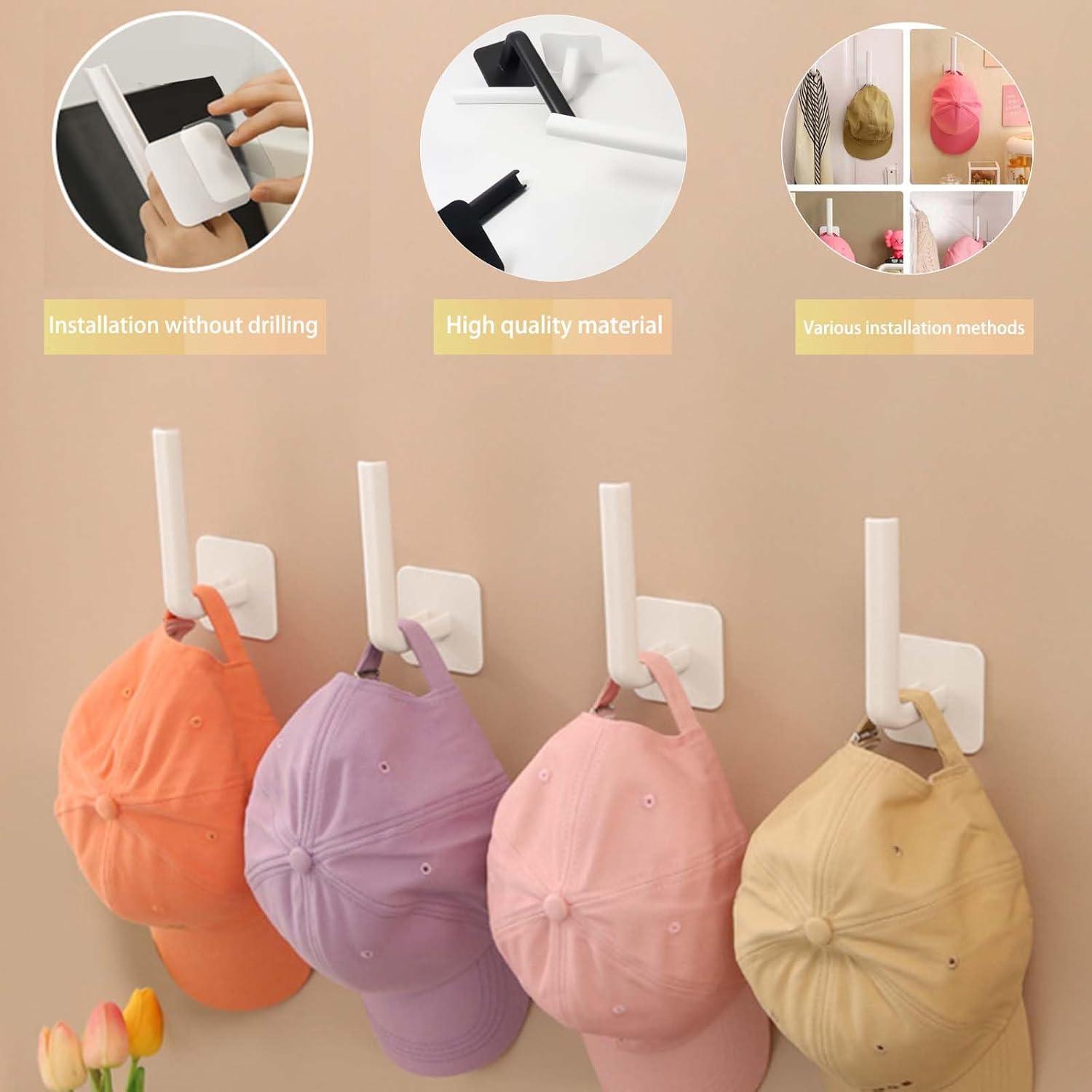 Support Mural Pour Casquettes – 8 Crochets Adhésifs Double Face (noir, Pour Chapeaux Et Accessoires)