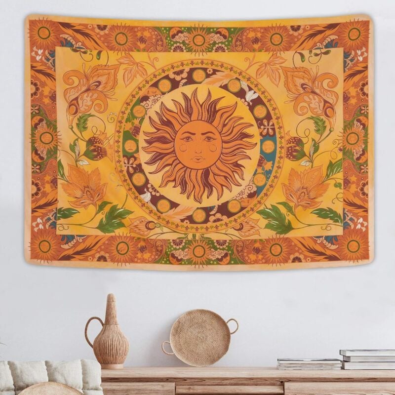 150x130cm Gobelin ścienny Vintage w kształcie płonącego słońca - Dekoracja ścienna do sypialni, salonu
