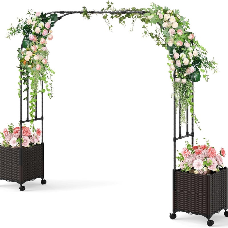 Łuk Ogrodowy z 2 Podwyższonymi Skrzynkami, Blokowanymi Kółkami, do Roślin Pnących, Kwiatów, Ziół, Warzyw i Owoców (288 x 40 x 202 cm)