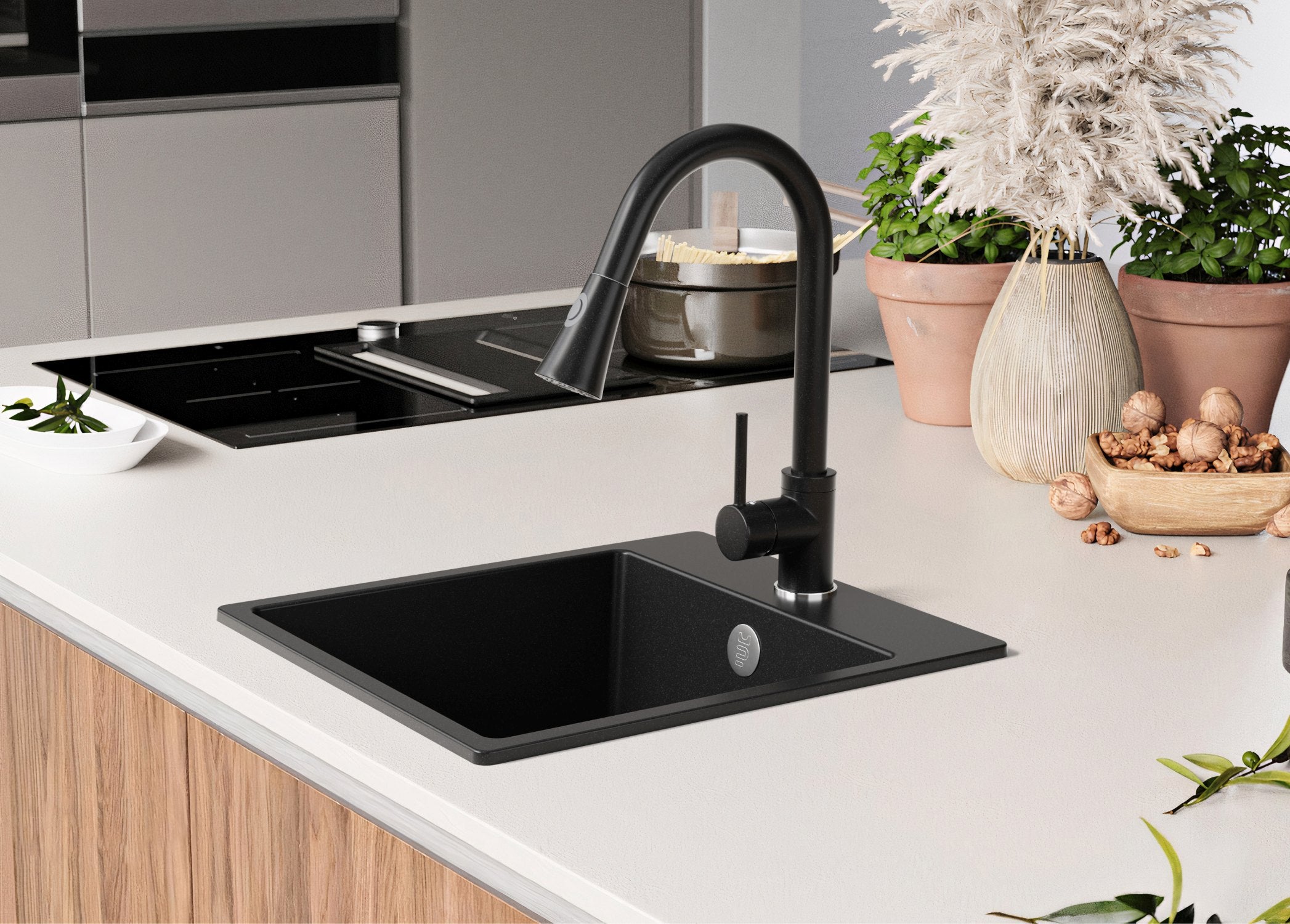 Pia de Cozinha Preto 38x44cm, Lava-louça de pousar 1 cuba + Torneira 32x20cm + Kit de drenagem, Pia em Granito em armários de 40cm - Sydney PRIMAGRAN - 8