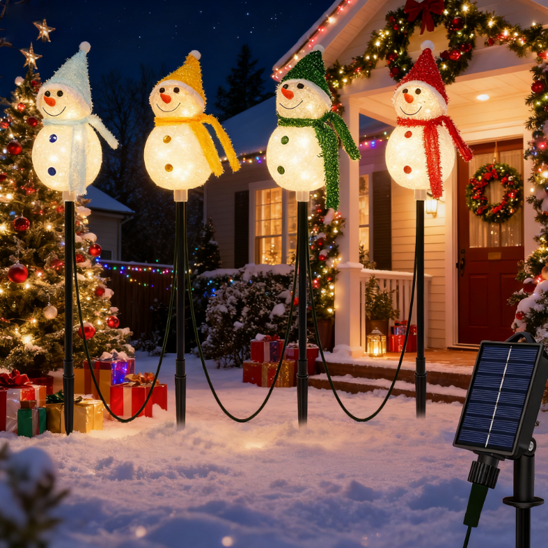 Zestaw 4 lampek choinkowych zasilanych energią słoneczną z palikiem w kształcie bałwana, wodoodporne lampki choinkowe do ogrodu, dekoracje świąteczne - 3