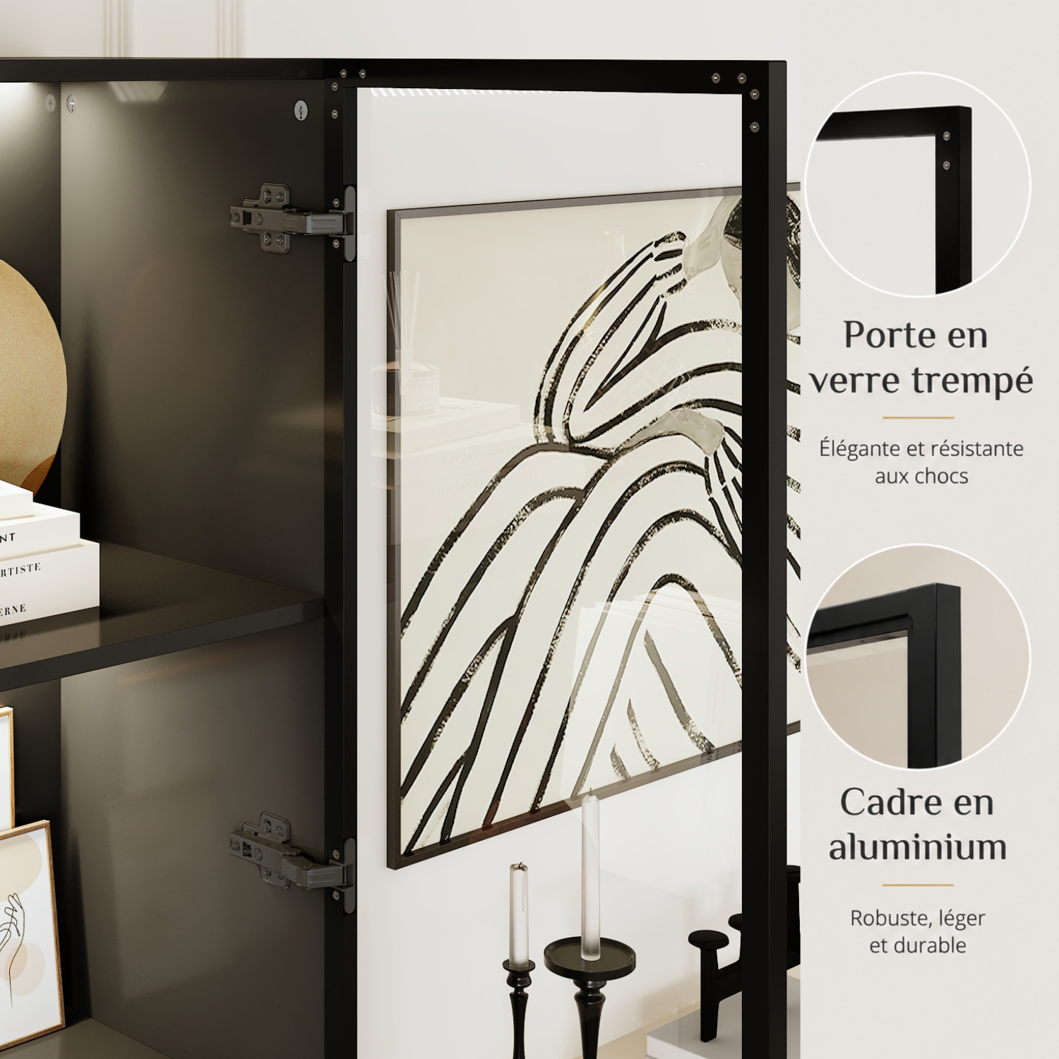 Vitrine à Lumières LED 3 couleurs, Armoire de Collection avec 2 Portes en Verre et 2 Tiroirs, Bureau et Salon, 80x36x200, Noir - 4