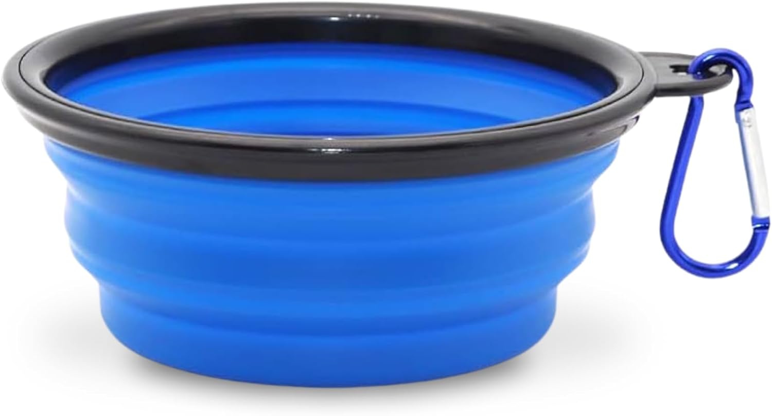1 niebieska składana miska podróżna dla psa o średnicy 17,5 cm na wodę i karmę, przenośna silikonowa miska z karabińczykiem