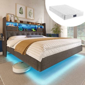 Sweiko Letto Matrimoniale Imbottito 160x200 Cm Con Contenitore Idraulico, Testiera Con USB E LED RGB - Grigio