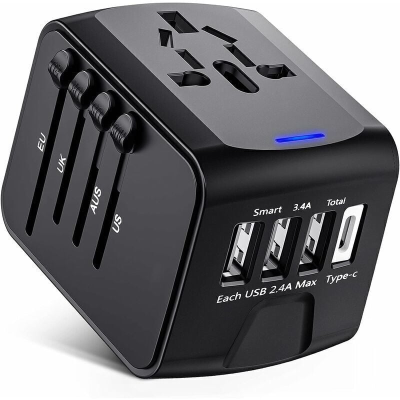 Adapter podróżny, uniwersalny adapter gniazdkowy z portami USB typu C+3 i gniazdem sieciowym, adapter wtyczki do wielu krajów