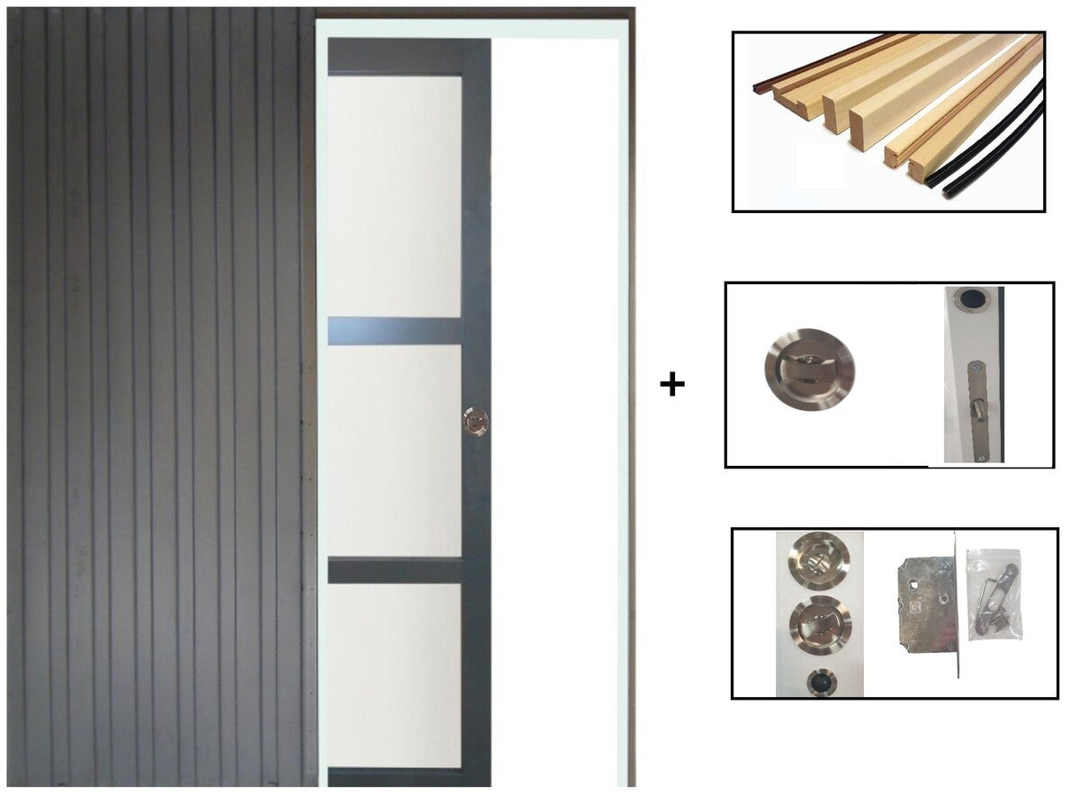 Puerta corredera blakeria con vitrinas gris antracita h204 x l93 cm, empotrada, kit de acabado para gd menuiseries sin manilla