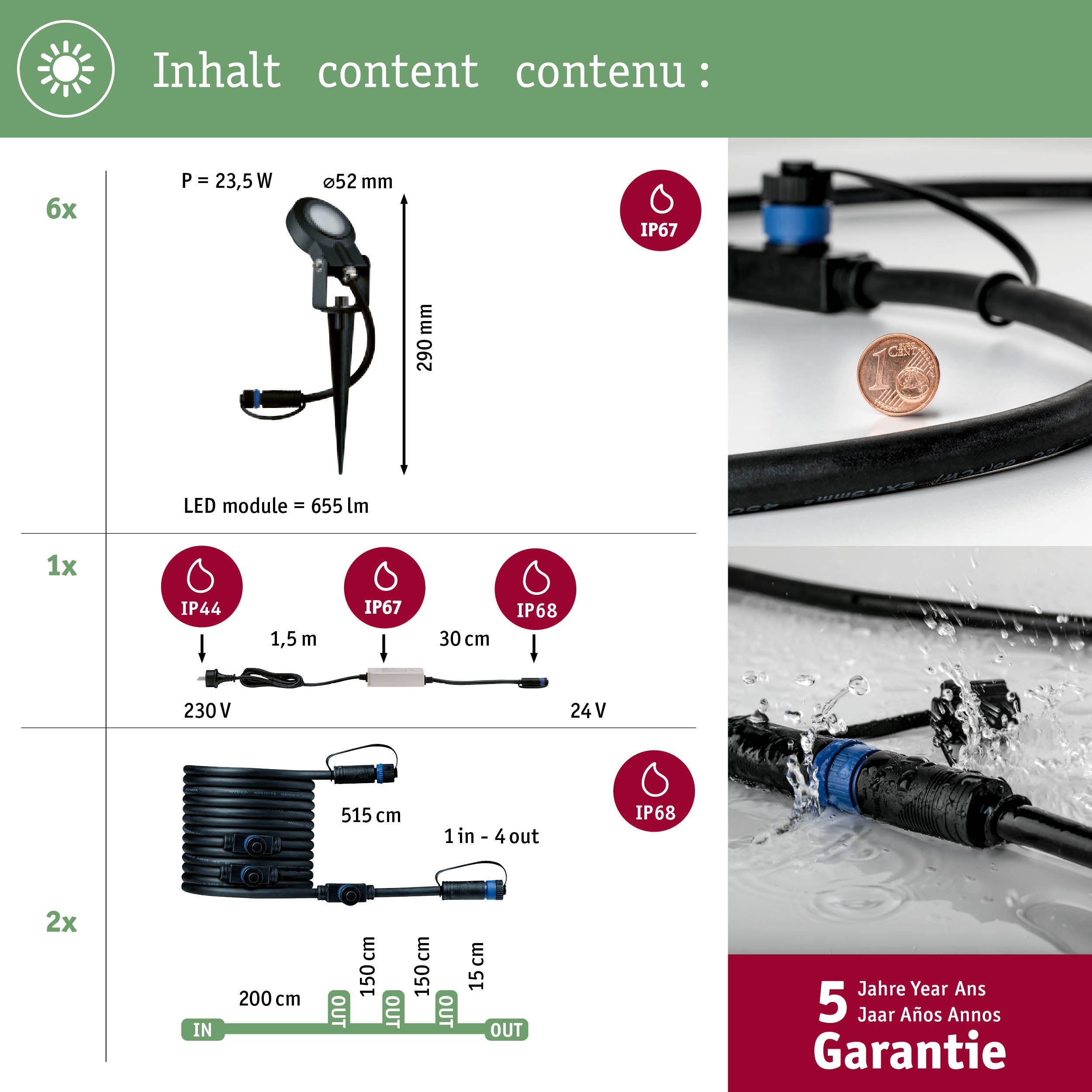 Kit Plug & Shine Projecteur de jardin LED Sting Kit de 6 IP67 rond 52mm 3000K 6x6,4W 6x270lm 230/24V Anthracite Aluminium - 4