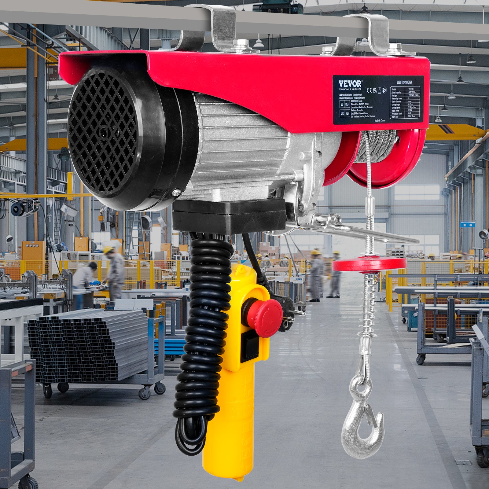 Palan électrique VEVOR Treuil à Câble 600 kg 1150 W avec Télécommande Filaire 4 m, 10 m/min, Câble 12 m, Moteur Cuivre Pur pour Garages et Entrepôts - 8
