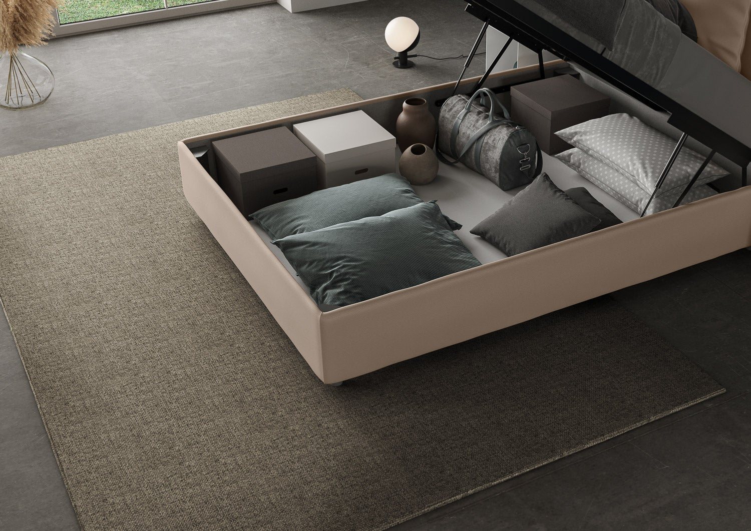 Cama de casal com arrumação estofada 140x190 pele sintética tortora ...