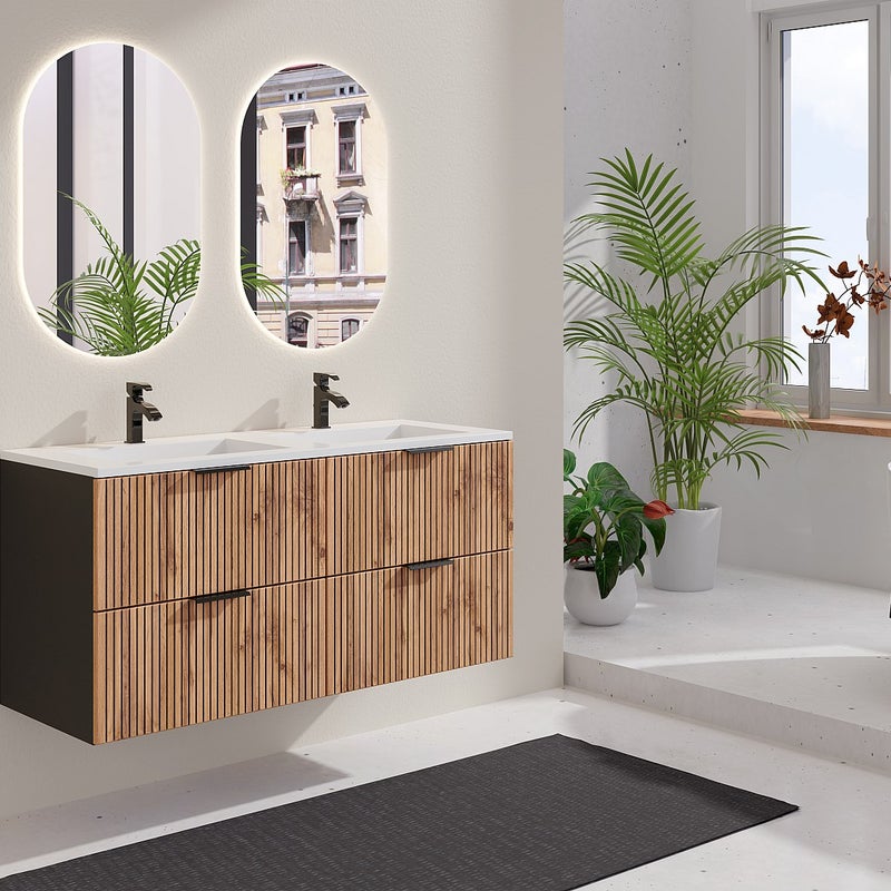 Szafka pod umywalkę wisząca ryflowana - Naturalny jasny i czarny - 120 cm - MADELA