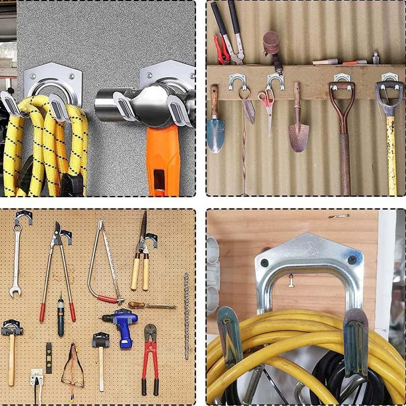 10 crochets muraux universels pour outils de jardin, support mural en acier pour garage, remise à vélos, atelier, fixation stable, durable - 6
