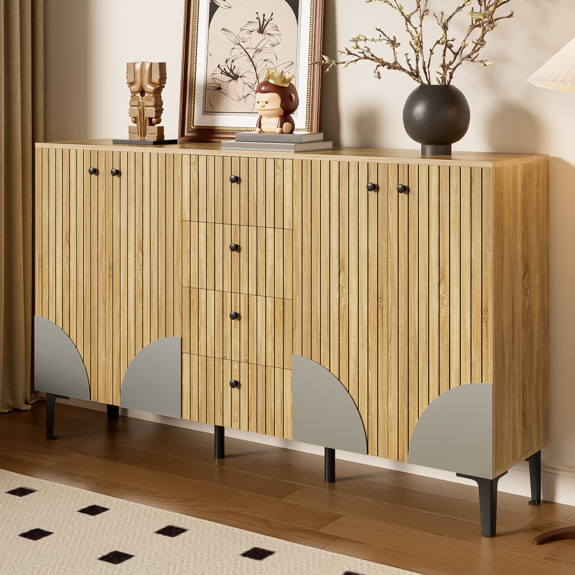 Szafka na buty z 4 drzwiami i 4 szufladami - 160 x 36 x 94 cm - Płyta wiórowa i czarne nogi z tworzywa PVC - Kolor drewna - 8