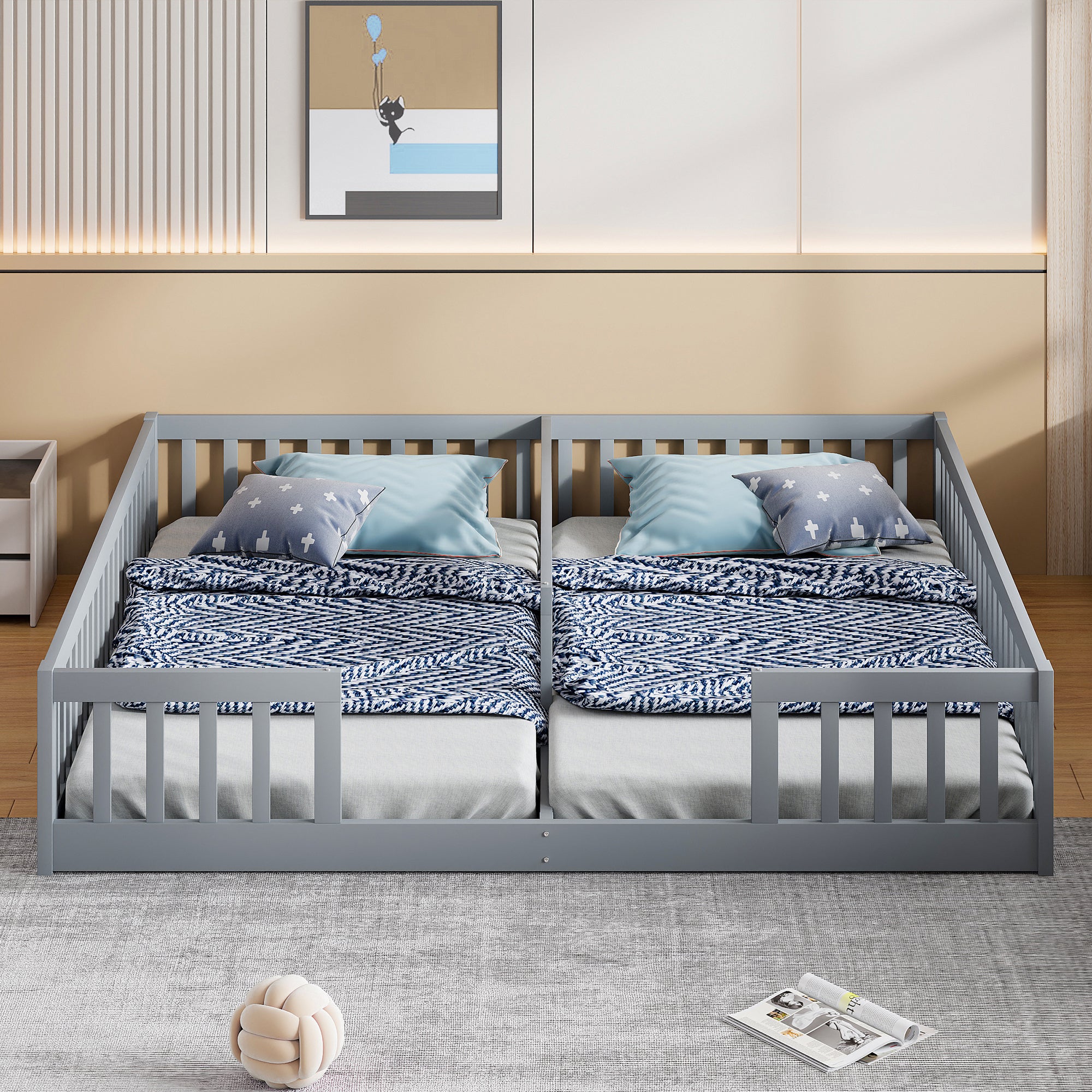 Montessori Lit de sol 90 x 200 cm avec barrières de sécurit, lit d'enfant 2 place, lit en bois avec sommier à lattes, gris (sans matelas) - 2