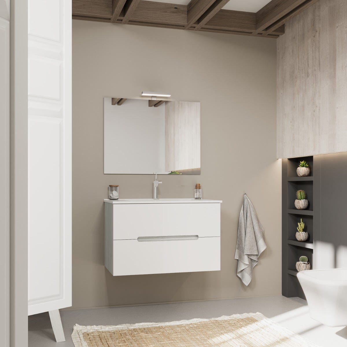 Mueble de baño blanco mate 80cm con laterales de roble gris | magnolia