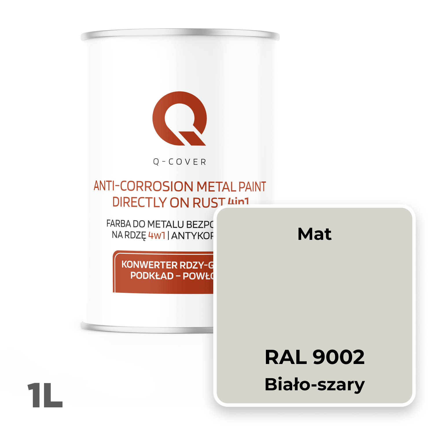 Farba do Metalu Prosto na Rdzę 4w1 Q-Cover Biało-szary RAL9002 Mat 1L - 2