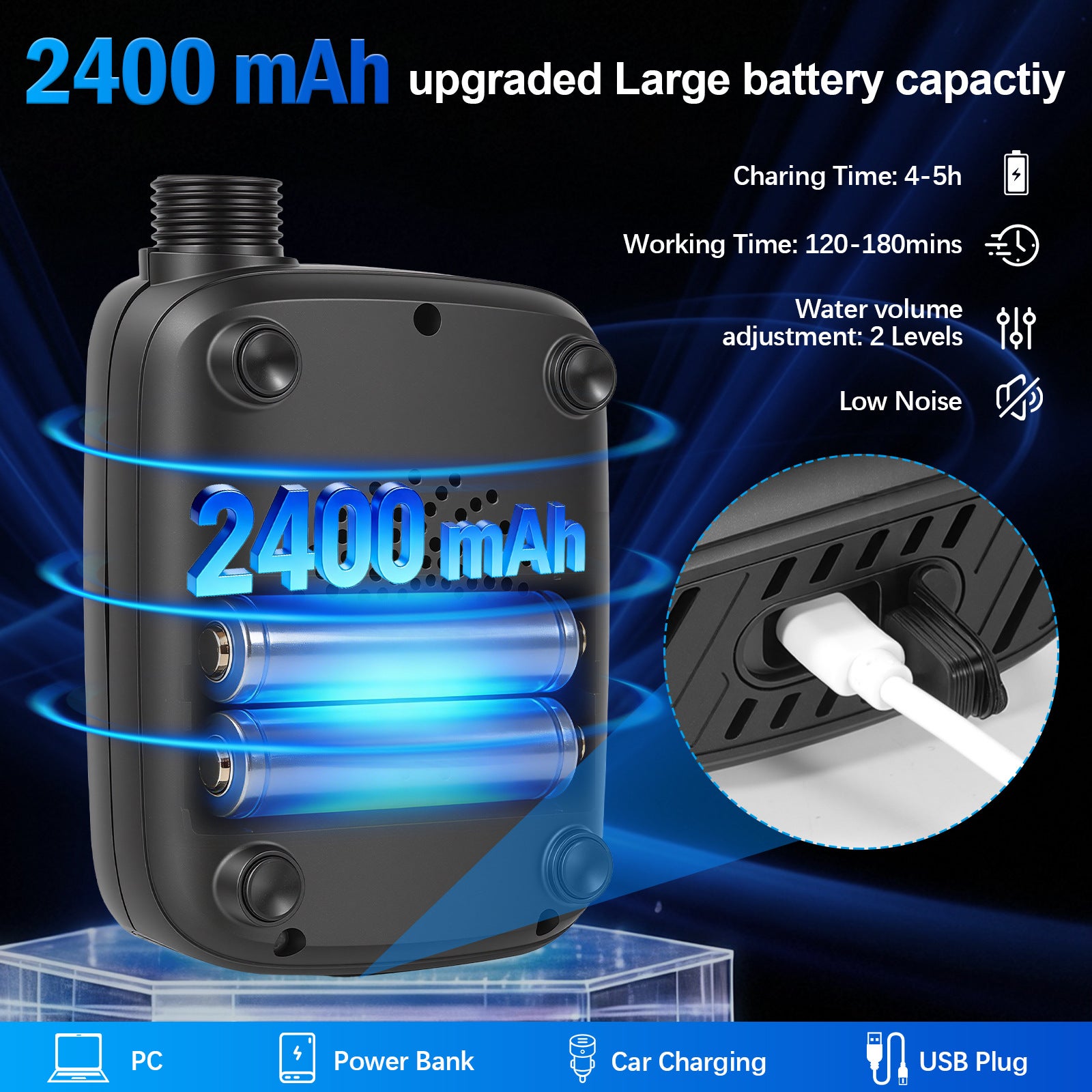 Douchette électrique portable rechargeable 2400mAh, IPX8 étanche, 4 modes jet, pour camping extérieur chantier（noir） - 2