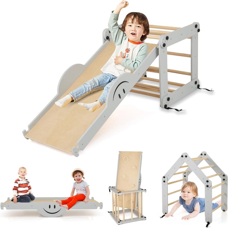 Drewniane Zabawki Wspinaczkowe Montessori dla Niemowląt, Składany Tor Motoryczny do Użytku w Domu z Odwracalną Rampą, dla Dzieci Powyżej 3 lat (Szary)