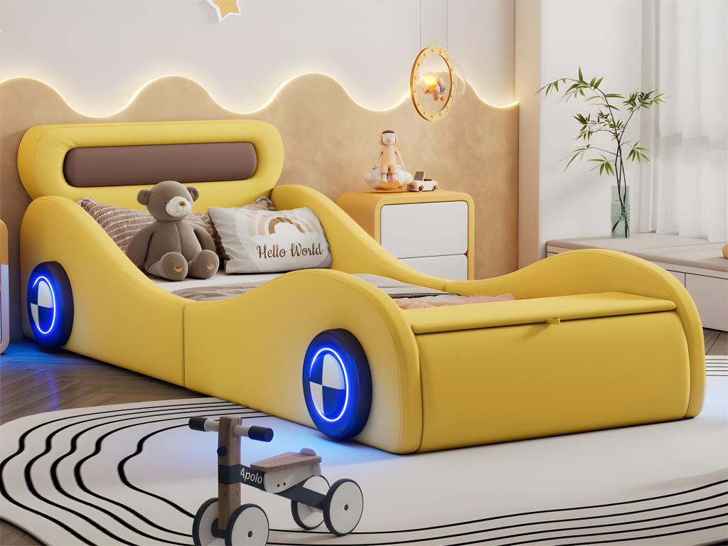 Lit Enfant 90x200 Cm En Forme De Voiture – Avec Lumières LED Et Rangement | Lit Voiture Rembourré, Sans Matelas, Pour Garçon Ou Fille